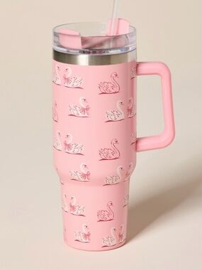 NWT Francesca’s Pink Swan Travel Tumbler with Handle 40 oz